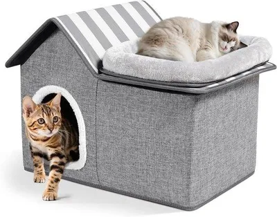 Productafbeelding van Kattenhuis met 2 verdiepingen - Kattenhol vilt - Ontspanning voor katten - Stabiel en wasbaar kussen