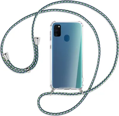 Produktbild von Handykette Backcover-Schutzhülle mit Band (Metall silberfarben) für Samsung Galaxy M30s - grün/blau/weiß