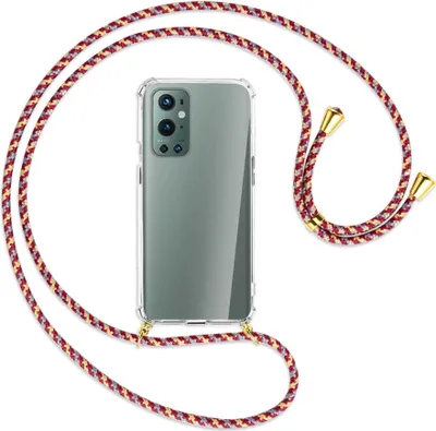 Produktbild von Handykette Backcover-Schutzhülle mit Band (Metall goldfarben) für OnePlus 9 Pro - weinrot/gelb/grau