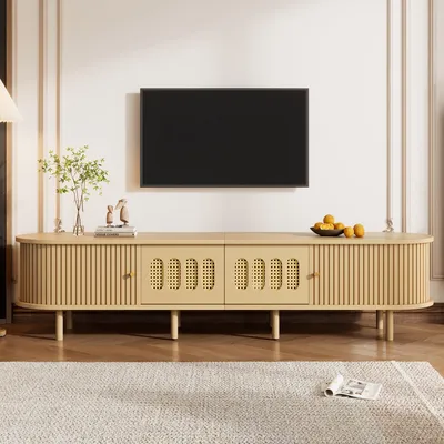 Produktbild von Merax TV-Schrank mit Rattan-Design, TV-Ständer mit 2 Rollladentüren und 2 Schubladen, TV Lowboard mit 5 geschlossene Aufbewahrungszonen, Natur