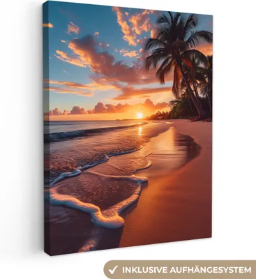 Produktbild von MuchoWow® - Leinwandbilder - Sonnenuntergang - Palmen - Meer - Sonne - Strand, Wandbild, Wanddeko Bilder Wohnzimmer, 30x40 cm