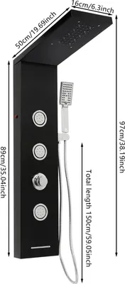 Immagine prodotto di Pannello doccia - Set colonna doccia - Acciaio inossidabile - 10 LED - Soffione doccia rettangolare - Montaggio a parete/incasso - Attacco G1/2 - Spazzolato - Nero