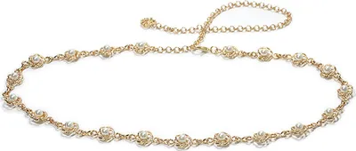 Produktbild von Metall-Taillenkette mit Blumen- und Perleneinlage für Damen, verstellbar, modisches Accessoire, Kleidergürtel, Hosengürtel, Damenaccessoires