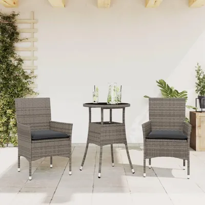 Produktbild von 3-teiliges Gartenmöbel-Set mit Kissen aus grauem Polyrattan und Glas für Terrasse, Balkon und Garten