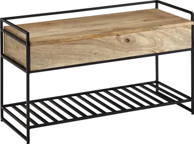 Sitzbank mit Stauraum mit Mangoholz-Sitzfläche und schwarzem Metallgestell, Gesamtansicht.