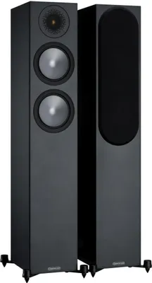 A pair of black floorstanding speakers with silver drivers and a textured tweeter, shown against a white background.