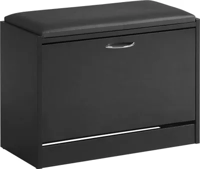 A black shoe bench with a padded seat is shown against a white background.