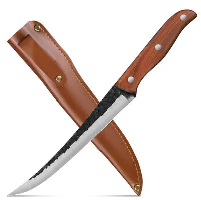 Produktbild von Ausbeinmesser Profi Filetiermesser 17.5 cm Kohlenstoffstahl Lederscheide