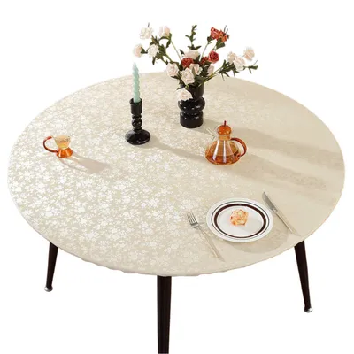 Produktbild von Tischdecke Rund Elastische Wasserabweisend Tischdecke Kunstleder Outdoor Gartentischdecke, Beige 60cm