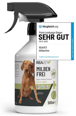 Produktbild von REAVET Milben Frei Spray 500ml, Milbenspray für Hunde, Katzen & Pferde – Anti Milben Spray zur effektiven Abwehr von Insekten, Parasiten & Ungeziefer, Milbenstopp, Milbenschutz bei Milbenbefall