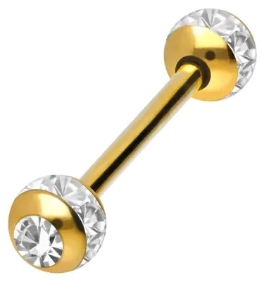 Produktbild von Zungenpiercing, Intim-Piercing Chirurgenstahl Barbell EPOXY-RING-KUGELN + KRISTALLE Gold Stablänge: 16mm