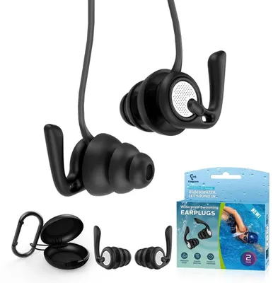 Immagine prodotto di Tappi per le orecchie da nuoto, 2 paia, in silicone, impermeabili, con cavo e custodia, colore nero. Riutilizzabili, adatti a adulti e bambini dai 8 anni in su