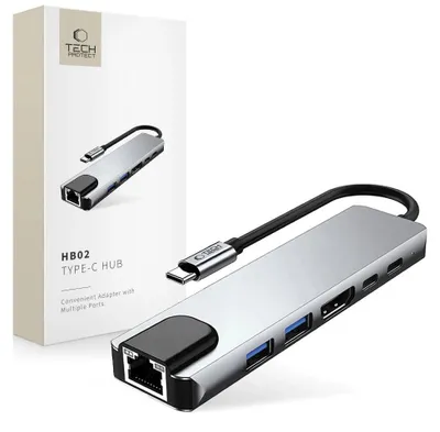 Obrázok produktu pre Adaptér Tech-Protect HB02 HUB 6v1 USB-C + USB2.0 + USB3.0 + HDMI 4K 30Hz + RJ45 + PD100W - sivý