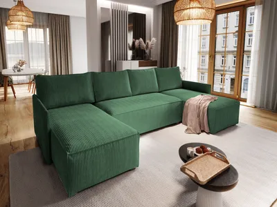 Produktbild von Masseno Ecksofa TRES mit Schlaffunktion U-Form, Sofa mit Bettkasten, Wohnzimmersofa, Couch, Soffa, Bettsofa, Couchgarnitur- Grün, POSO 14