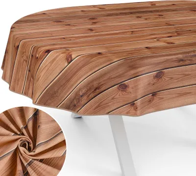 Produktbild von Tischdecke Holz aus Textil mit Exclusiven Motiven wasserabweisend Tischtuch Tischwäsche Aquarell Braun Oval Breite 140cm Länge 160cm mit Paspelband