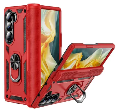 A red phone case with a kickstand and ring holder, shown in an open position to reveal the phone screen.