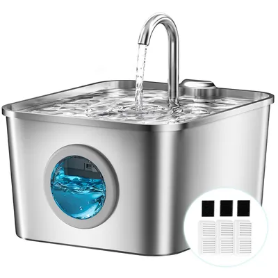Produktbild von Katzenbrunnen Edelstahl Trinkbrunnen für Katze: 2,6L mit Kabel, Ultra leise Wasserbrunnen für Katzen mit LED, Aktivkohlefilter, 3 Filter + 3 Sponges