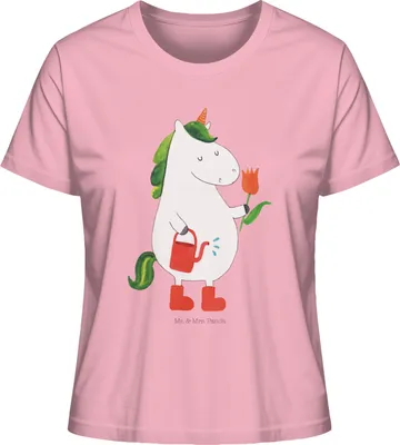 Produktbild von Mr. & Mrs. Panda Basic Shirt Damen Einhorn Gärtner Größe M - Baumwolle Pink - Geschenk, Oberteil, Giesskanne, Stiefel, Baumwoll T-Shirt, Garten, Einhörner, Luftballon, Blume