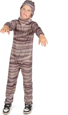A child wearing a mummy costume.