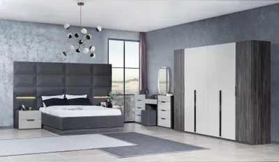 Produktbild von Schlafzimmer Bett Nachttisch Kleiderschrank Kommode mit Spiegel Möbel Set 5tlg