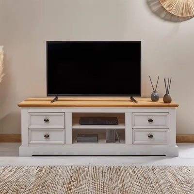 Produktbild von Lowboard KENT für 65" TV in weiß / Eiche farben aus Massivholz, schöner Fernsehschrank, praktisches Hifi-Möbel mit 4 Schubladen, attraktives TV Sideboard mit zwei Nischen