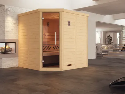Produktbild von weka Premium Massivholz-Elementsauna KEMI Eck Gr. 2 Sparset 7,5 kW BioS inkl. digitaler Steuerung x B x T x H x 195 x 195 x 200