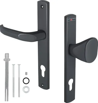 Two door handles with escutcheons and mounting hardware are displayed against a white background.
