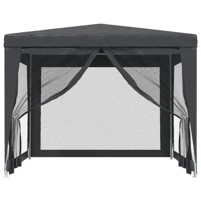 A dark grey party tent with mesh sides is shown from the front.