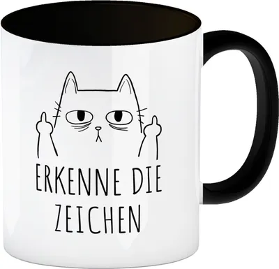 Produktbild von Katze mit Mittelfinger Kaffeebecher in schwarz mit Spruch Erkenne die Zeichen