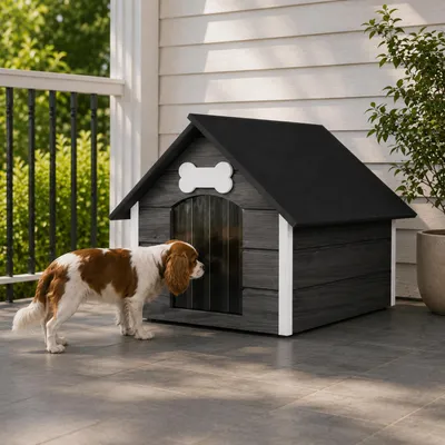 Immagine prodotto di Cuccia per cani QLS, dimensioni L, 81x68 cm, isolata, in legno, per esterno, colore grigio e bianco, modello 9118, Immagine generata dall'IA