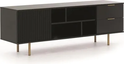 Produktbild von BETTSO RTV Schrank mit Schubladen 150cm BIANCO Schwarz auf goldenen Beinen geriffelte Fronten
