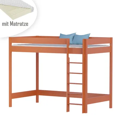 Produktbild von Hochbett 180x90 Kinderbett mit Rausfallschutz & Lattenrost teak 90 x 180 für Mädchen und Jungen Massivholz Kiefer und MDF Möbelplatte, mit Matratze