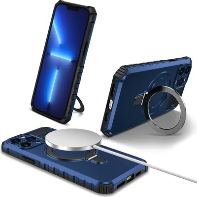 Obrázek produktu pro Pouzdro pro iPhone 13 Pro magnetické s MagSafe, držák prstenu, stojánek, dvouvrstvé ochranné pouzdro modré