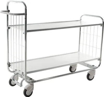 Produktbild von Kongamek Bordwagen verzinkt mit 2 laminierten Böden 1195x470mm und vergitterten Stirnwänden und Bremse