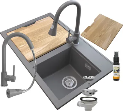 Produktbild von Granitan | Granitspüle HEKTOR - 800 x 500 mm - Grau - mit SNAKE Armatur und Chrom-Siphon
