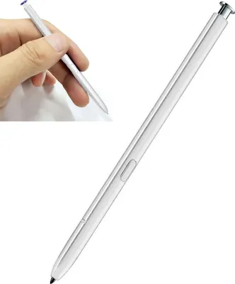 A hand holding a stylus pen, with a close-up of the stylus pen in the foreground.