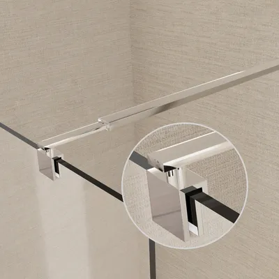 Close-up view of a shower screen stabilizer bar and its connection to the glass.