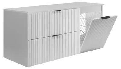 Immagine prodotto di Set di mobili da bagno con cesto per la biancheria e piano, maniglie nere, colore bianco, dimensioni 120 x 46 x 57 cm