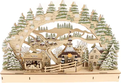 Produktbild von 3D Schwibbogen Lichterbogen Holzschnitt, Winterdorf mit Licht & Glitzer 44,5*7*29,5cm, batteriebetrieben & Timer-Funktion Weihnachtsschmuck Fensterdeko