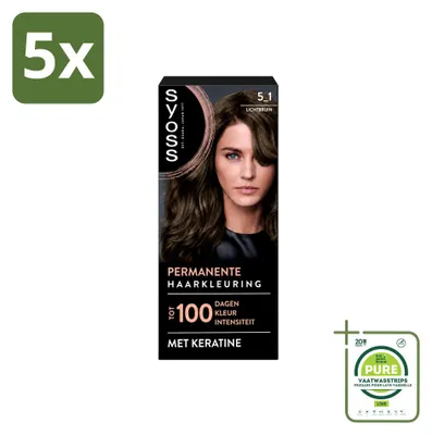 Immagine prodotto di 5 confezioni di colorazione permanente per capelli SYOSS 5-1, color castano chiaro. Prodotto per la colorazione permanente, confezione grande contenente 5 pezzi