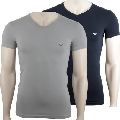 Produktbild von EMPORIO ARMANI 2P Herren slim fit stretch V-Neck T-Shirts Grau Dunkelblau S 2er Pack