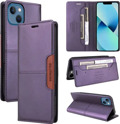 Obrázek produktu pro Pouzdro pro iPhone 13 /iPhone 14, kožené flipové peněženkové pouzdro s přihrádkou na karty a stojánkem Fialová