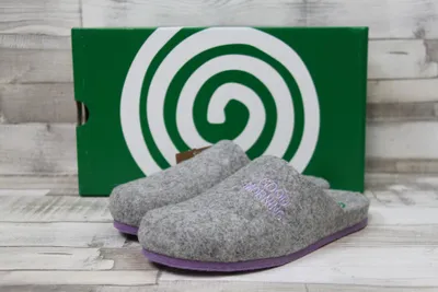 Produktbild von Dr.Brinkmann Damen Pantoffel Filz hellgrau mit lila Schriftzug lila Filzsohle 36