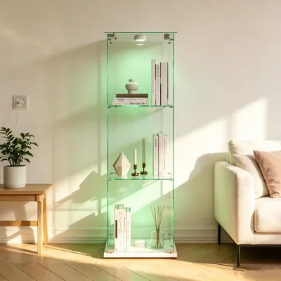 Immagine prodotto di Vetrina espositiva in vetro con illuminazione a LED e ante in vetro, mobiletto vetrina con 3 ripiani in vetro, vetrina espositiva in vetro, bianca, 123,3 x 39,8 x 35 cm