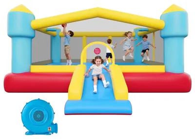 Obrázok produktu pre VEVOR Nafukovací hrad (448 x 420 x 207 cm) pre deti so šmýkačkou, basketbalovým košom, hrou na terč a skákacou plochou, ponúka priestor pre 3-4 deti (vo veku 3-8 rokov) Vonkajšia a vnútorná párty