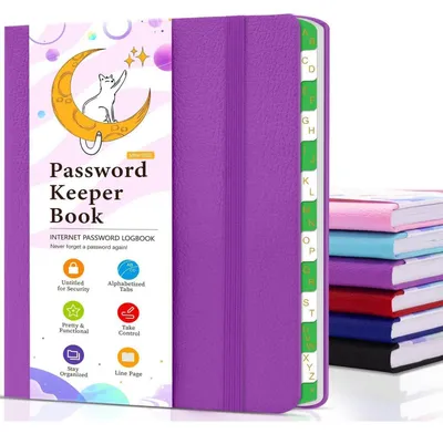Image de Carnet de mots de passe avec index alphabétiques, couleur violet foncé, dimensions 11,5 x 15,5 cm