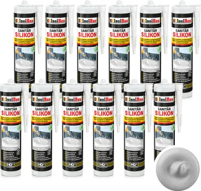 Produktbild von Isolbau Sanitär Silikon 12 x 300 ml Hellgrau - Hochelastischer Silikon-Dichtstoff für Abdichtungen & Fugen – Schimmelresistent, wasserdicht -  Kartusche