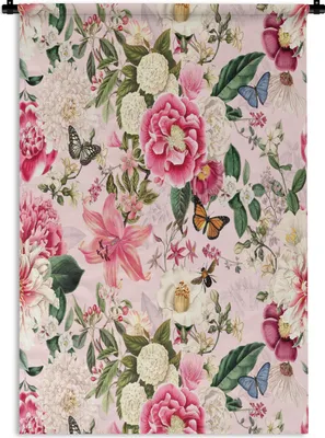 Produktbild von MuchoWow® Wandteppich Wandbehang Blumen - Schmetterlinge - Hortensie 90x135 cm Tapisserie Dekoration Wandtuch - Baumwolle - Wandskulptur