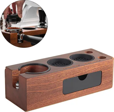 Zdjęcie produktu dla Stacja do ubijania espresso - drewniany uchwyt z 3 otworami na portafiltr 51-58 mm, poziomica i tamper, stacja do kawy na ladę