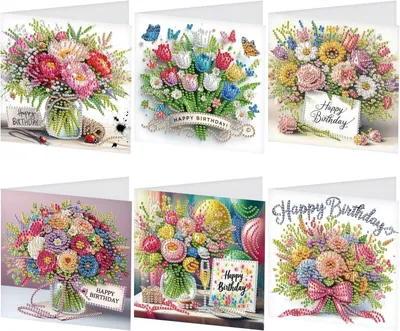 Productafbeelding van Bloemenkaarten, 6 stuks, met diamantmozaïek, inclusief enveloppen, voor speciale gelegenheden